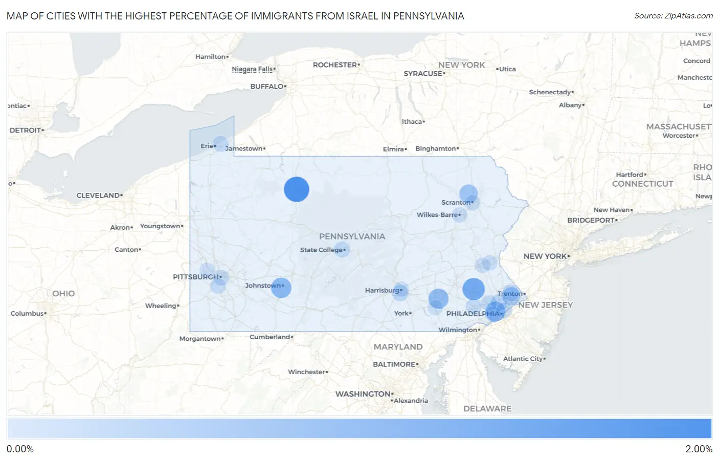 Cities with the Highest Percentage of Immigrants from Israel in Pennsylvania Map