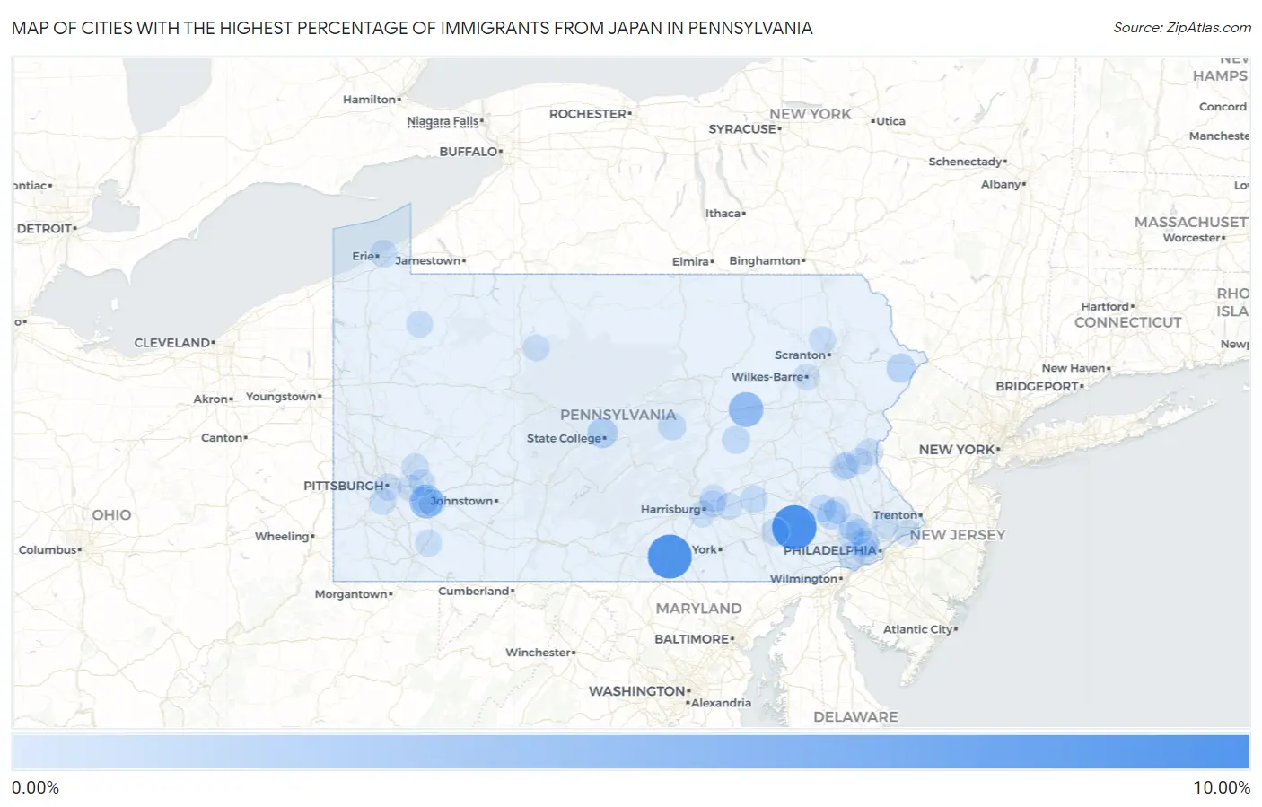 Cities with the Highest Percentage of Immigrants from Japan in Pennsylvania Map