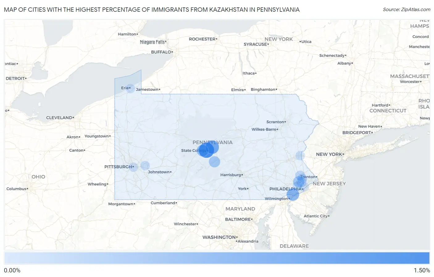 Cities with the Highest Percentage of Immigrants from Kazakhstan in Pennsylvania Map