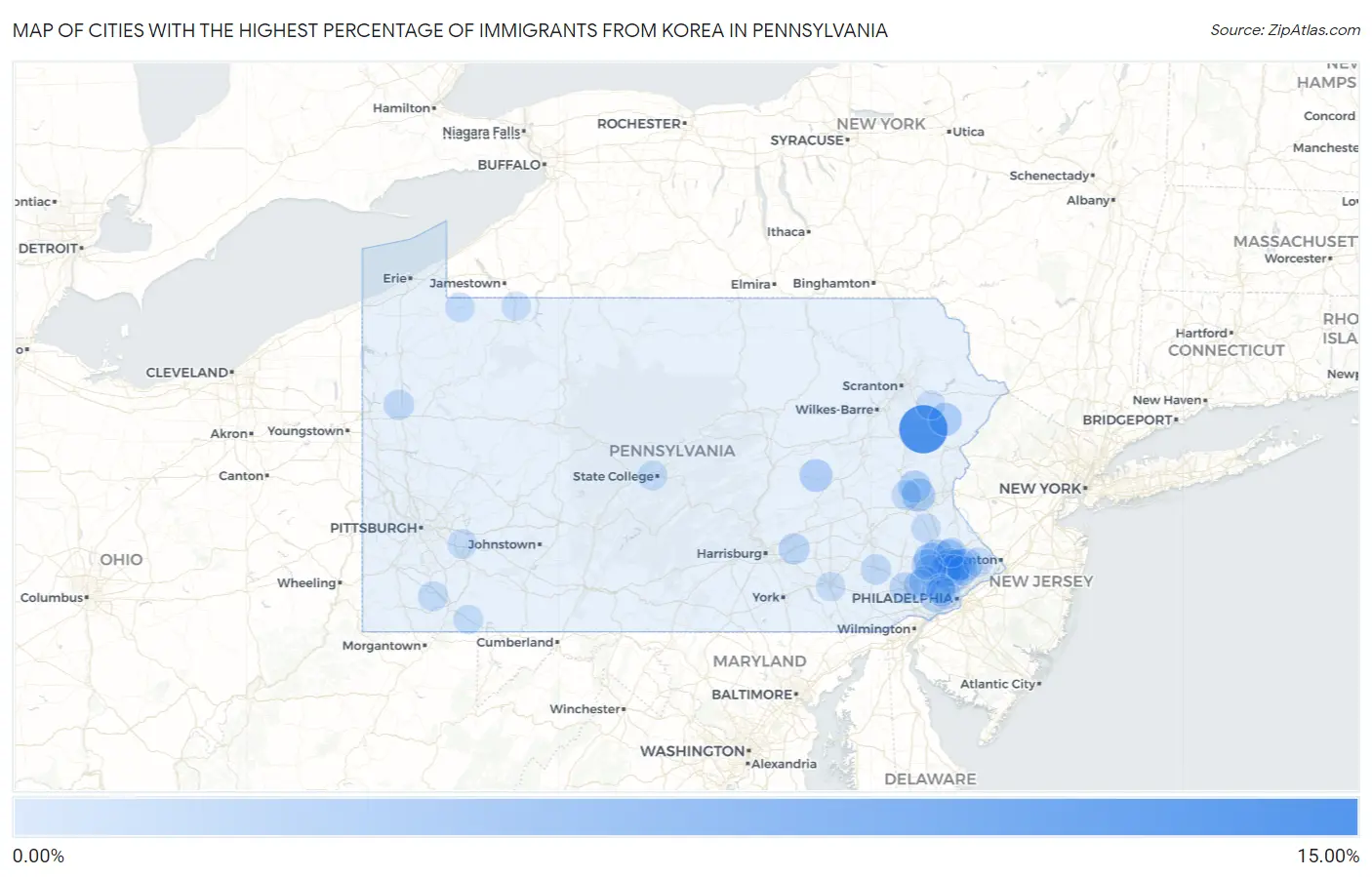 Cities with the Highest Percentage of Immigrants from Korea in Pennsylvania Map