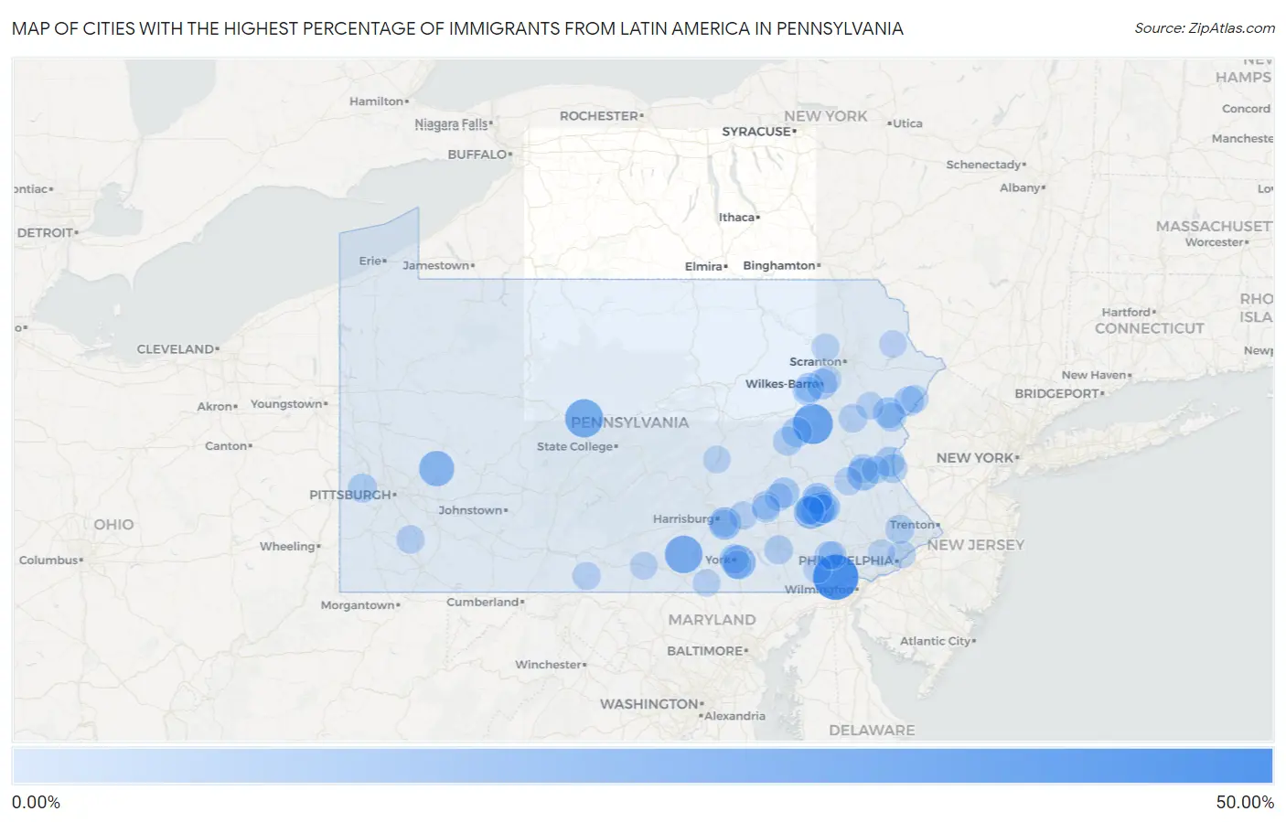 Cities with the Highest Percentage of Immigrants from Latin America in Pennsylvania Map