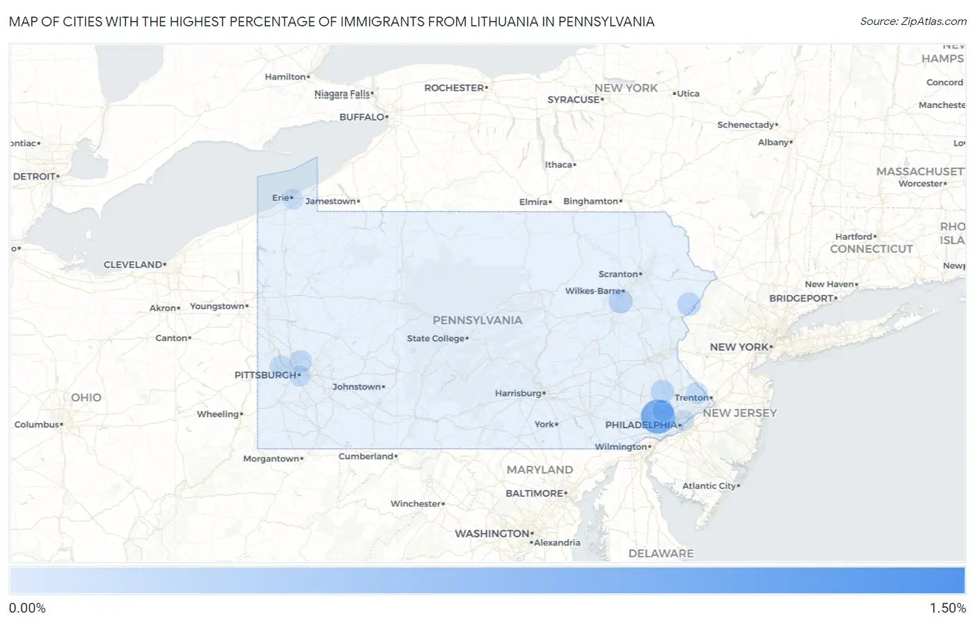 Cities with the Highest Percentage of Immigrants from Lithuania in Pennsylvania Map