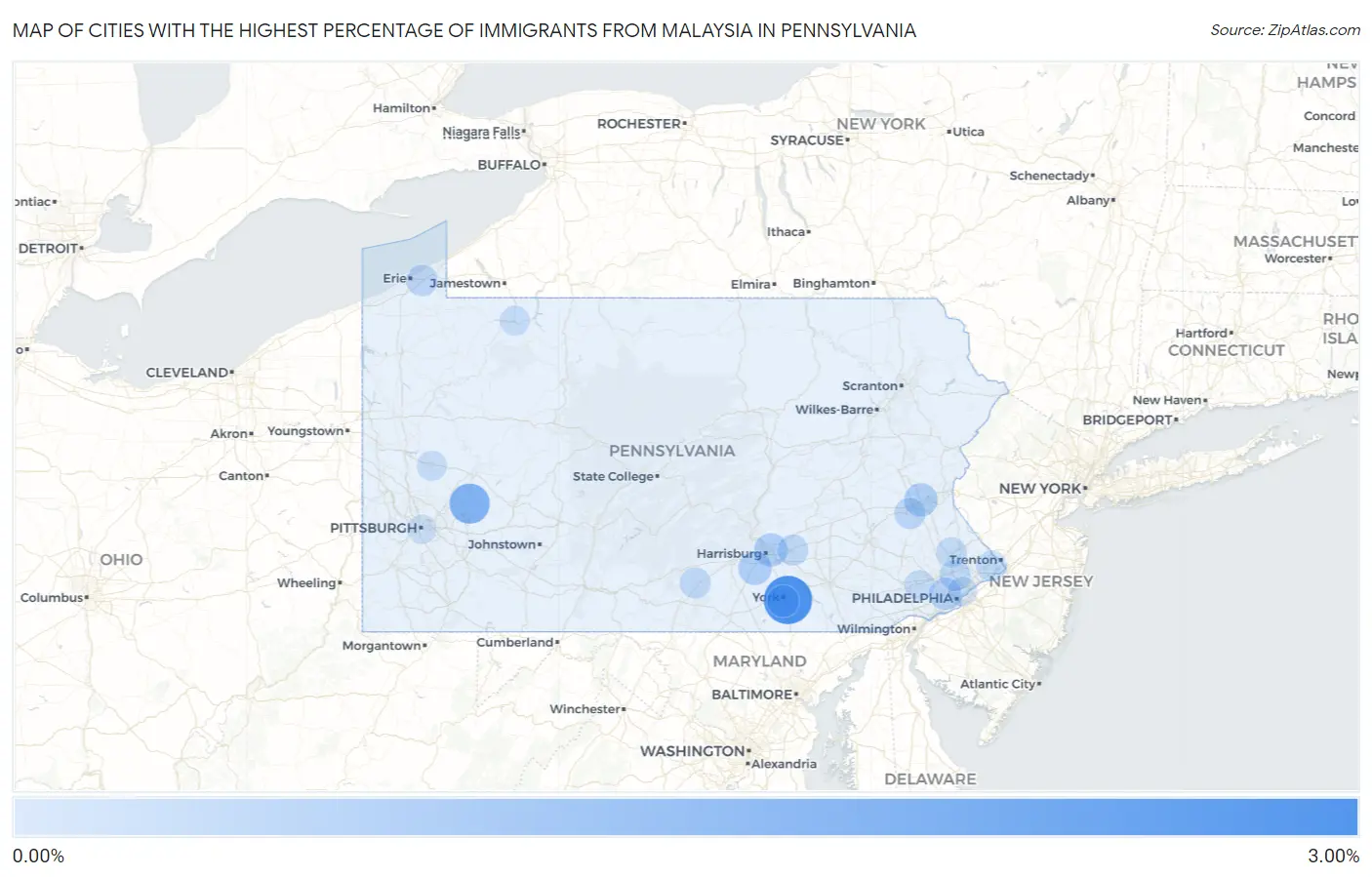 Cities with the Highest Percentage of Immigrants from Malaysia in Pennsylvania Map