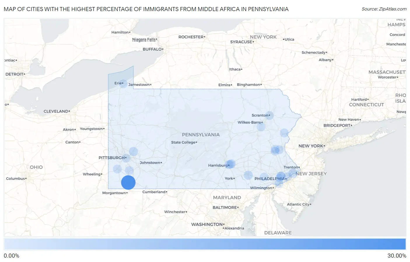 Cities with the Highest Percentage of Immigrants from Middle Africa in Pennsylvania Map
