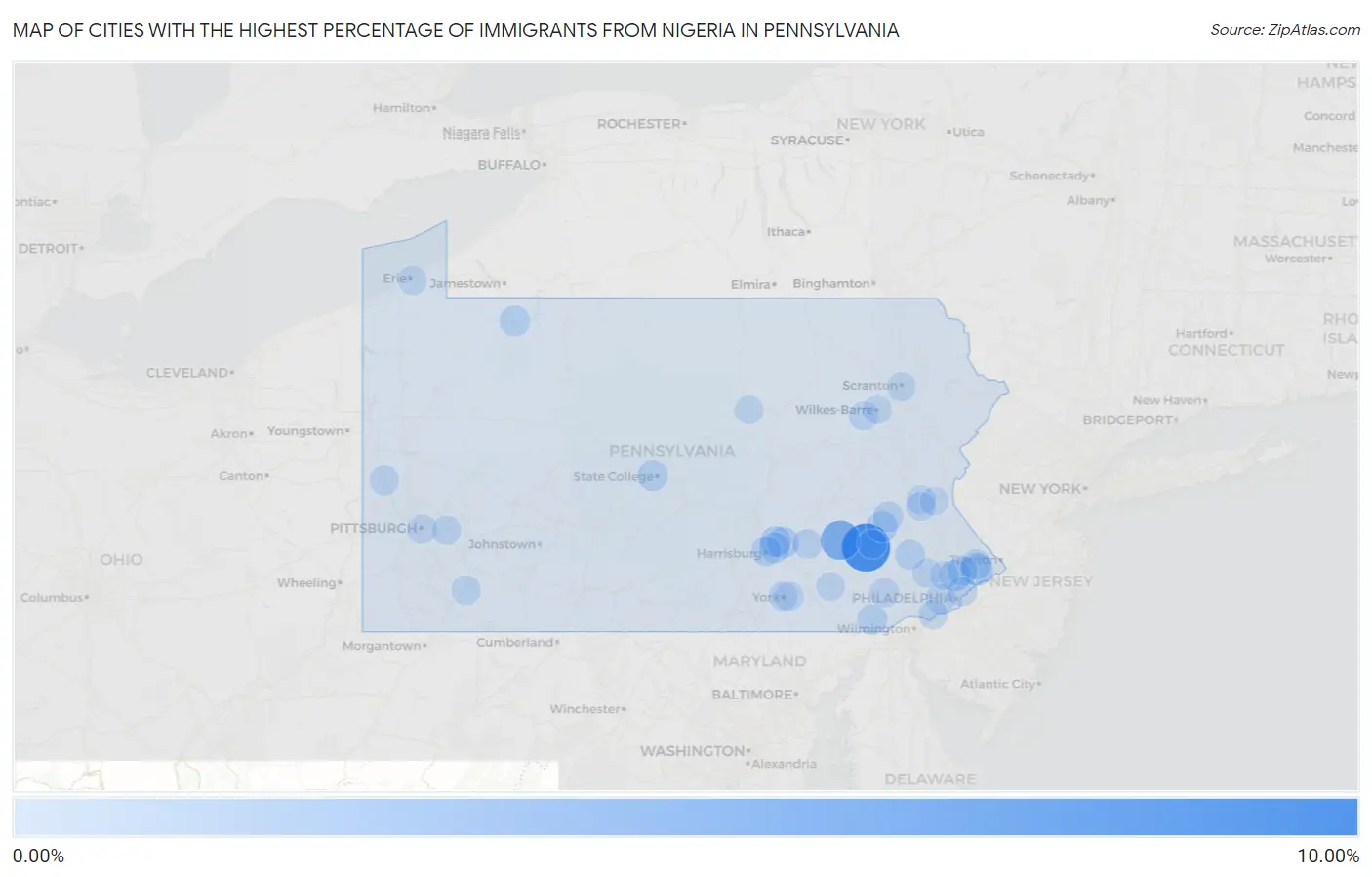 Cities with the Highest Percentage of Immigrants from Nigeria in Pennsylvania Map