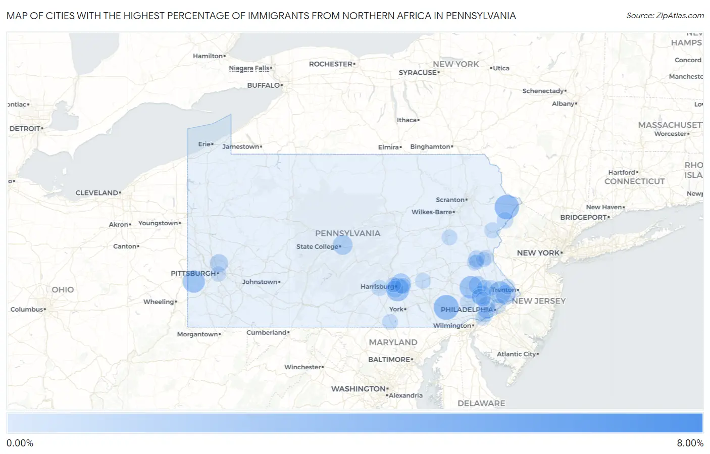 Cities with the Highest Percentage of Immigrants from Northern Africa in Pennsylvania Map