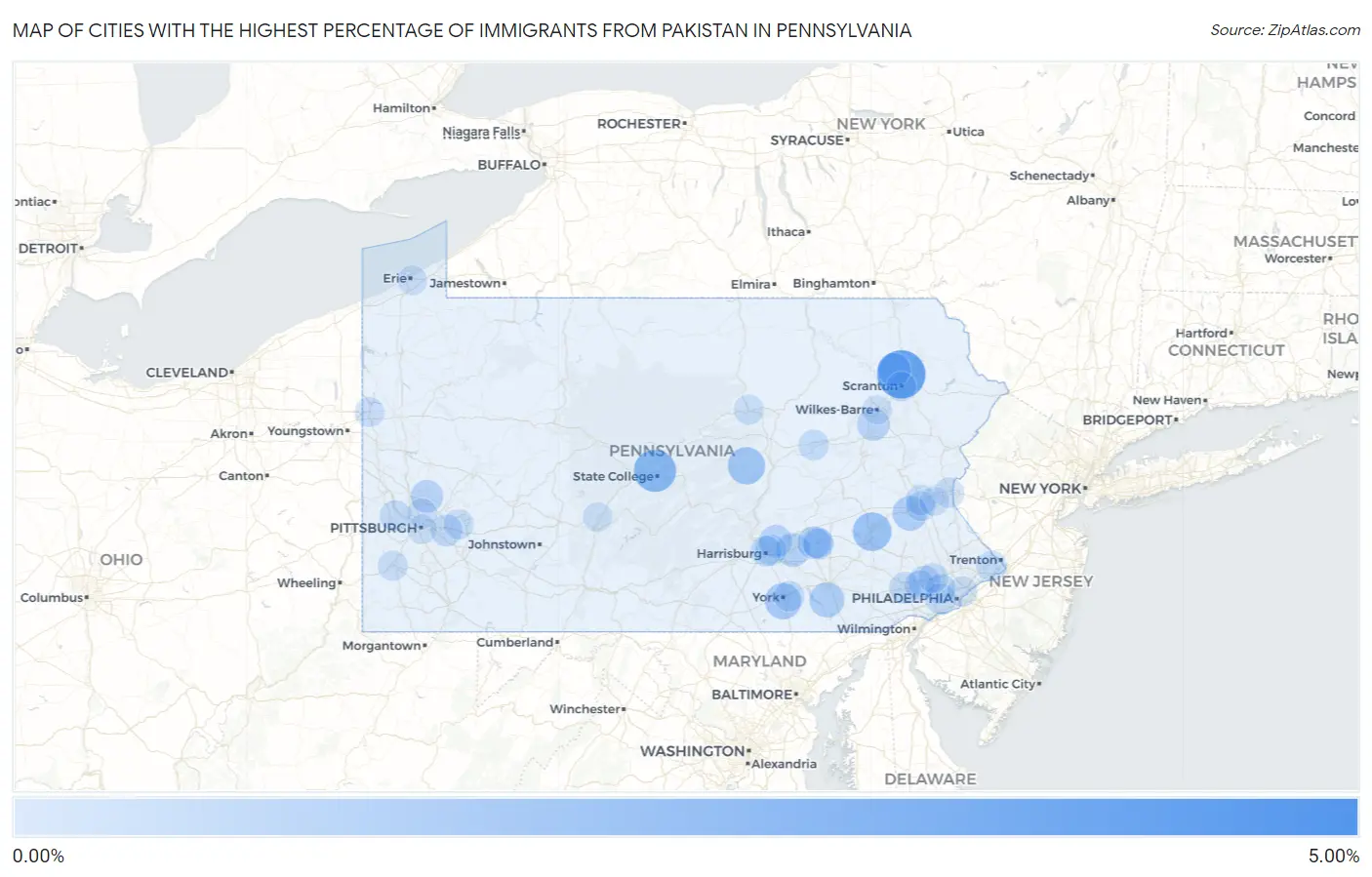 Cities with the Highest Percentage of Immigrants from Pakistan in Pennsylvania Map