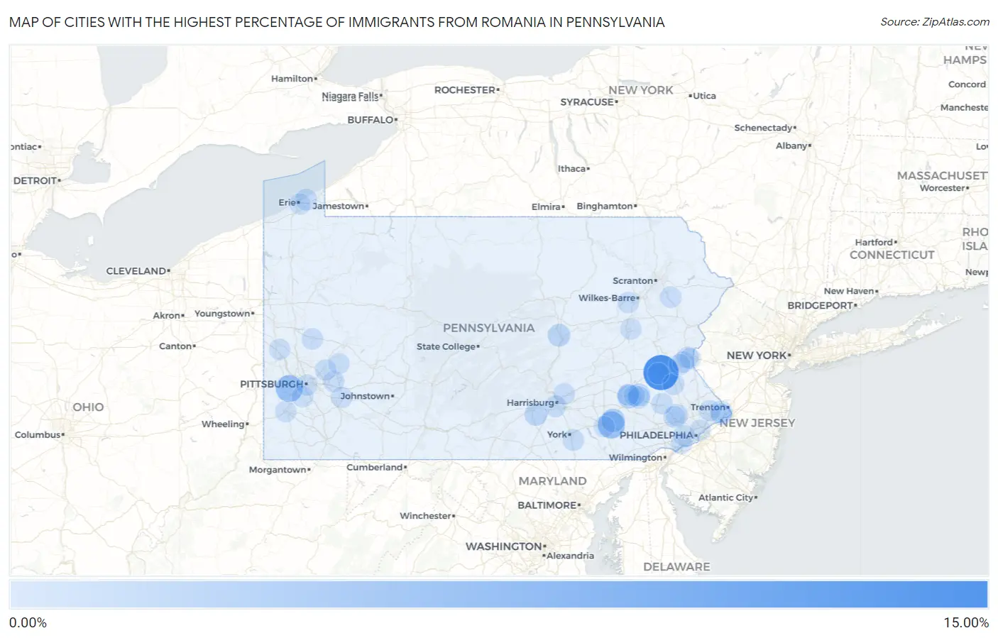 Cities with the Highest Percentage of Immigrants from Romania in Pennsylvania Map