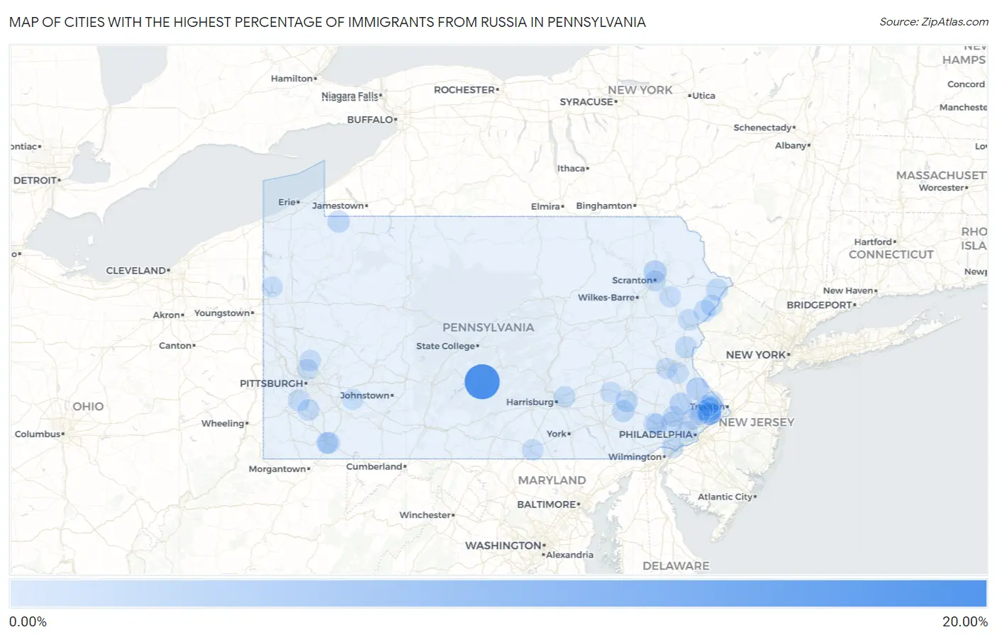 Cities with the Highest Percentage of Immigrants from Russia in Pennsylvania Map