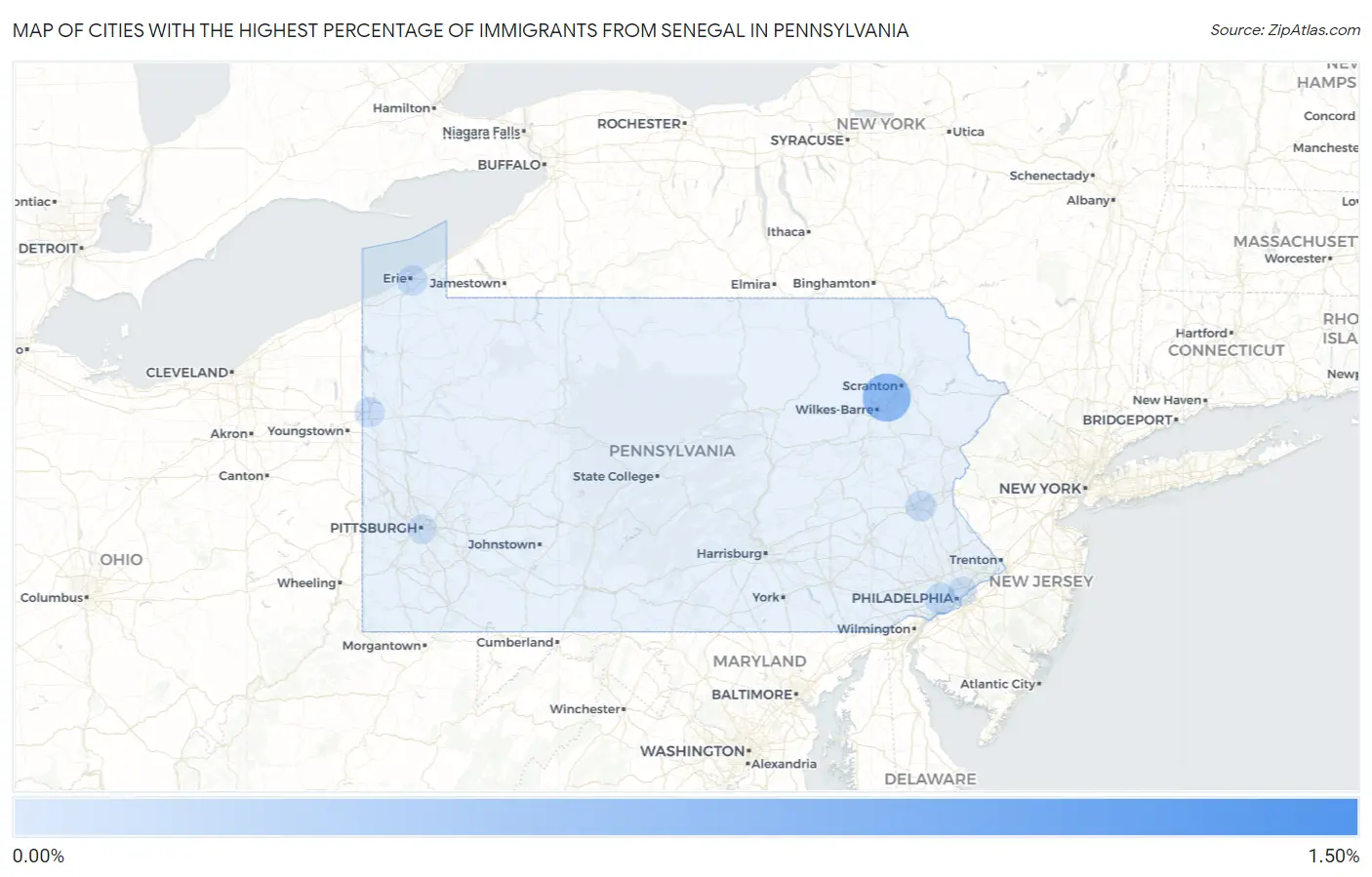 Cities with the Highest Percentage of Immigrants from Senegal in Pennsylvania Map