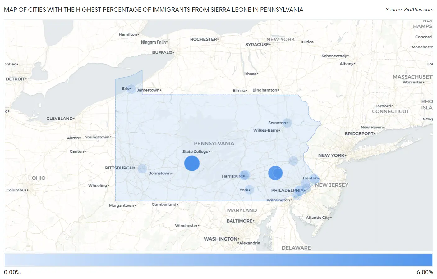 Cities with the Highest Percentage of Immigrants from Sierra Leone in Pennsylvania Map