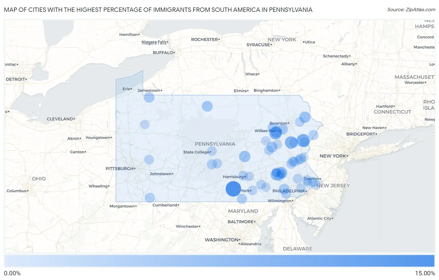 Cities with the Highest Percentage of Immigrants from South America in Pennsylvania Map