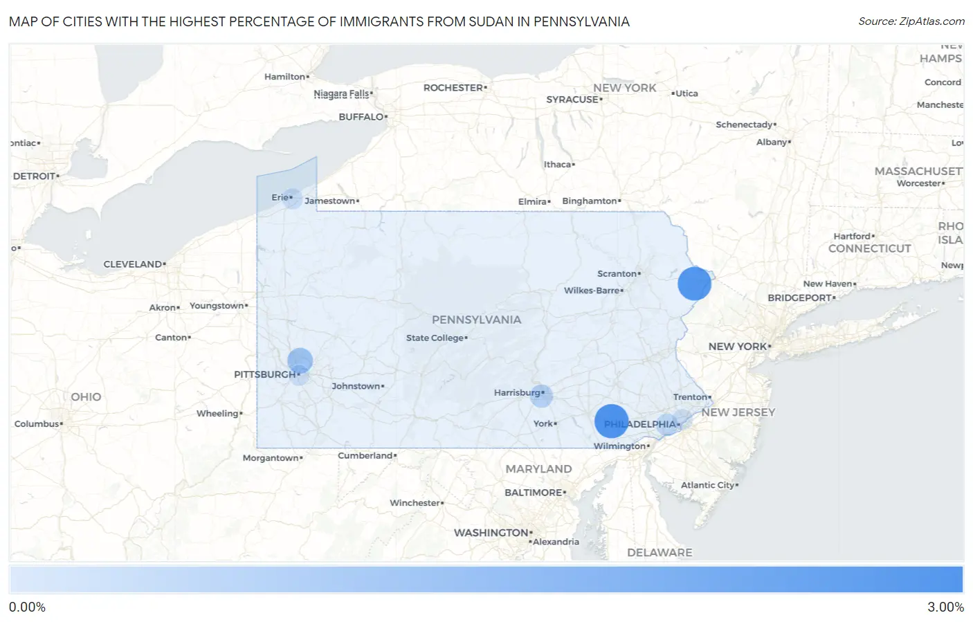 Cities with the Highest Percentage of Immigrants from Sudan in Pennsylvania Map