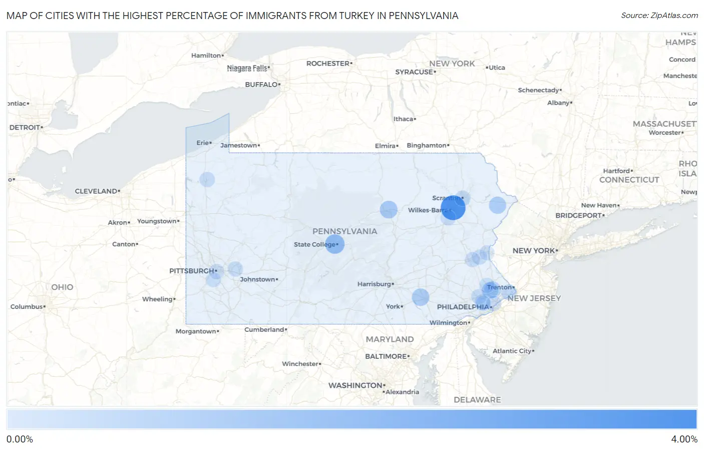 Cities with the Highest Percentage of Immigrants from Turkey in Pennsylvania Map