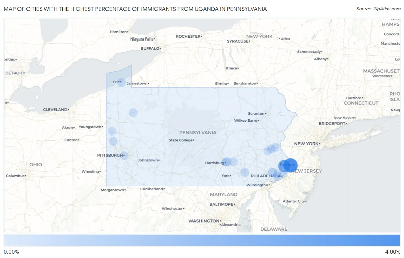 Cities with the Highest Percentage of Immigrants from Uganda in Pennsylvania Map
