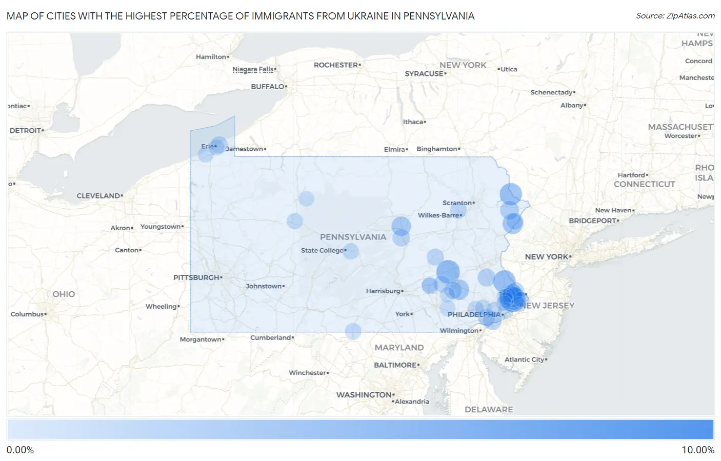 Cities with the Highest Percentage of Immigrants from Ukraine in Pennsylvania Map