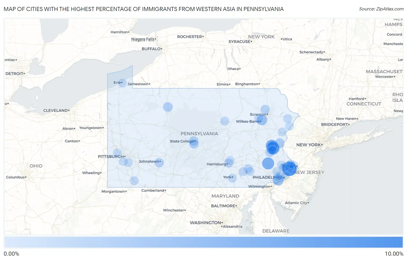 Cities with the Highest Percentage of Immigrants from Western Asia in Pennsylvania Map