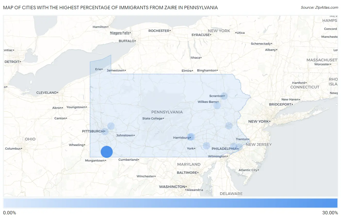 Cities with the Highest Percentage of Immigrants from Zaire in Pennsylvania Map