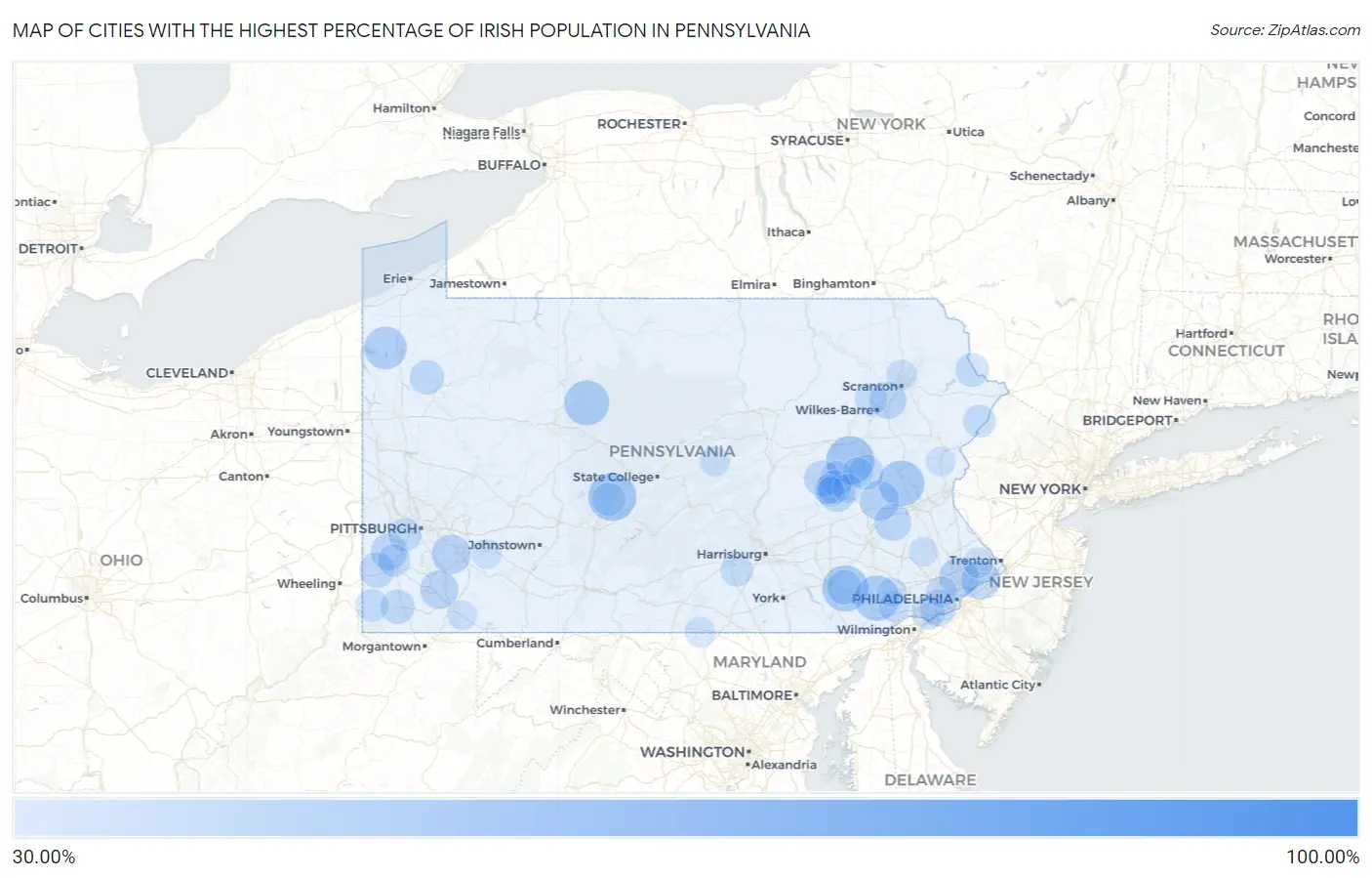 Cities with the Highest Percentage of Irish Population in Pennsylvania Map