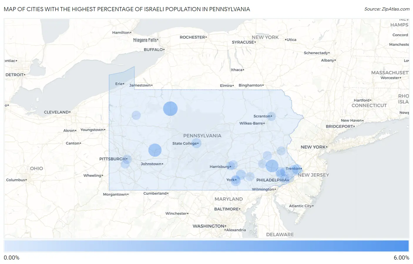 Cities with the Highest Percentage of Israeli Population in Pennsylvania Map
