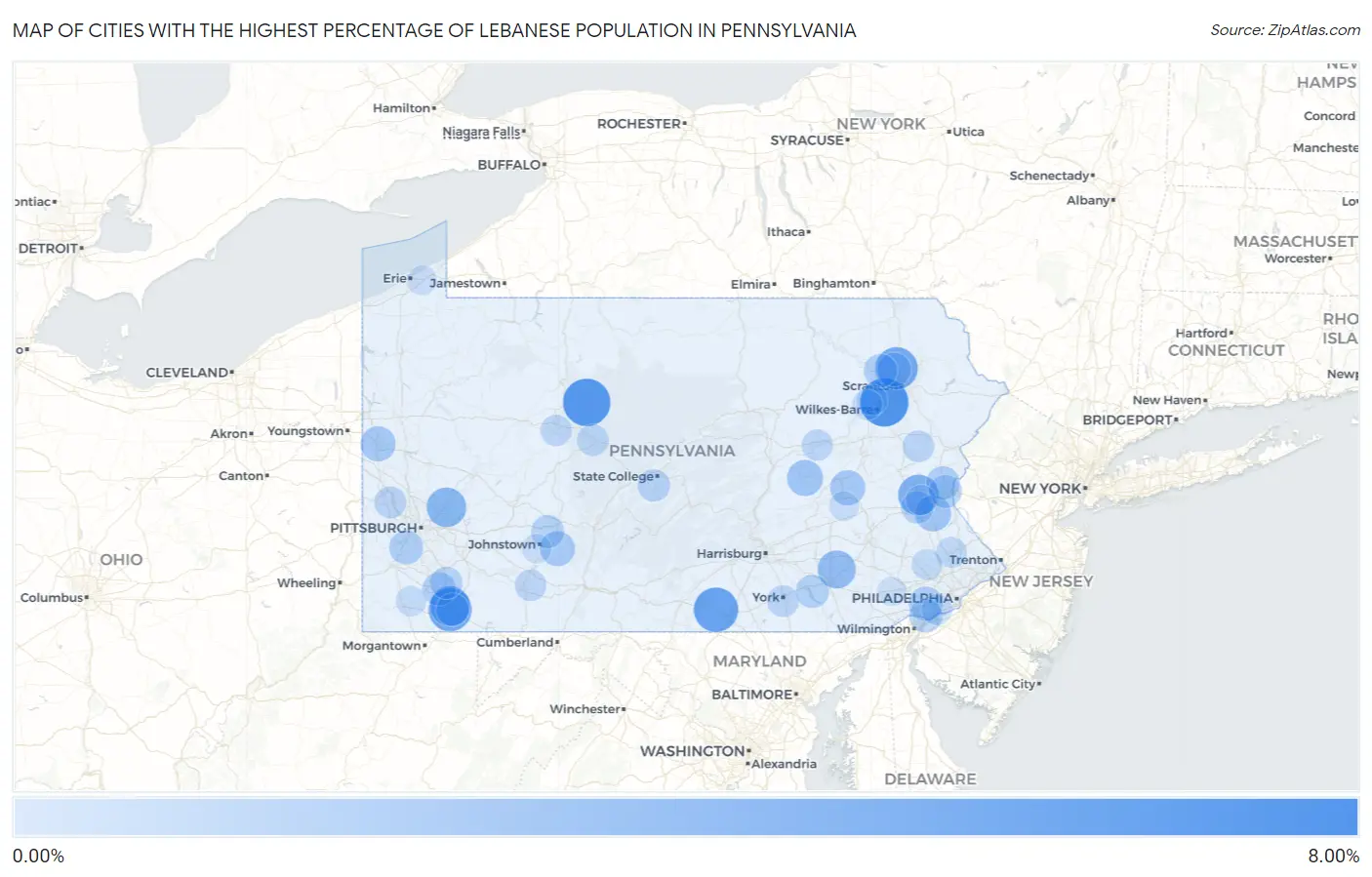Cities with the Highest Percentage of Lebanese Population in Pennsylvania Map