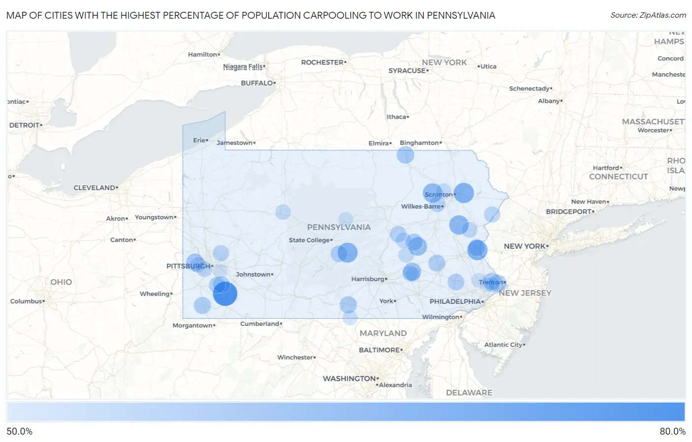 Cities with the Highest Percentage of Population Carpooling to Work in Pennsylvania Map