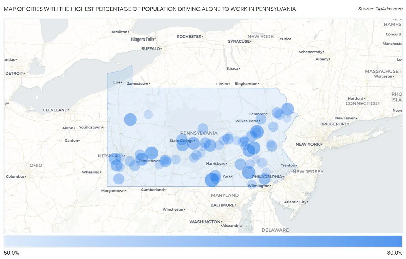 Cities with the Highest Percentage of Population Driving Alone to Work in Pennsylvania Map