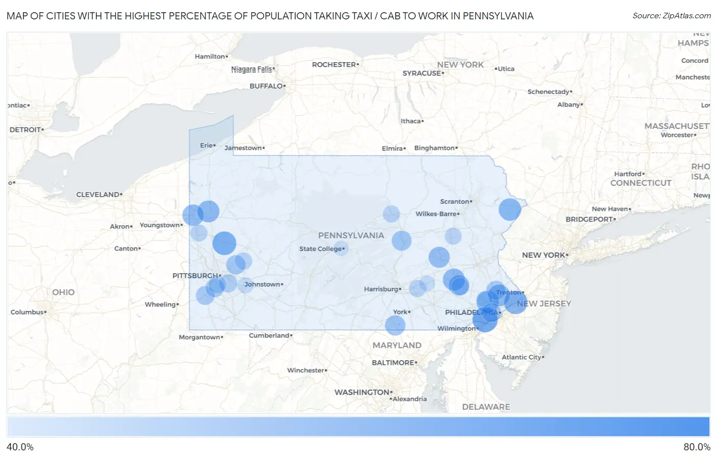 Cities with the Highest Percentage of Population Taking Taxi / Cab to Work in Pennsylvania Map
