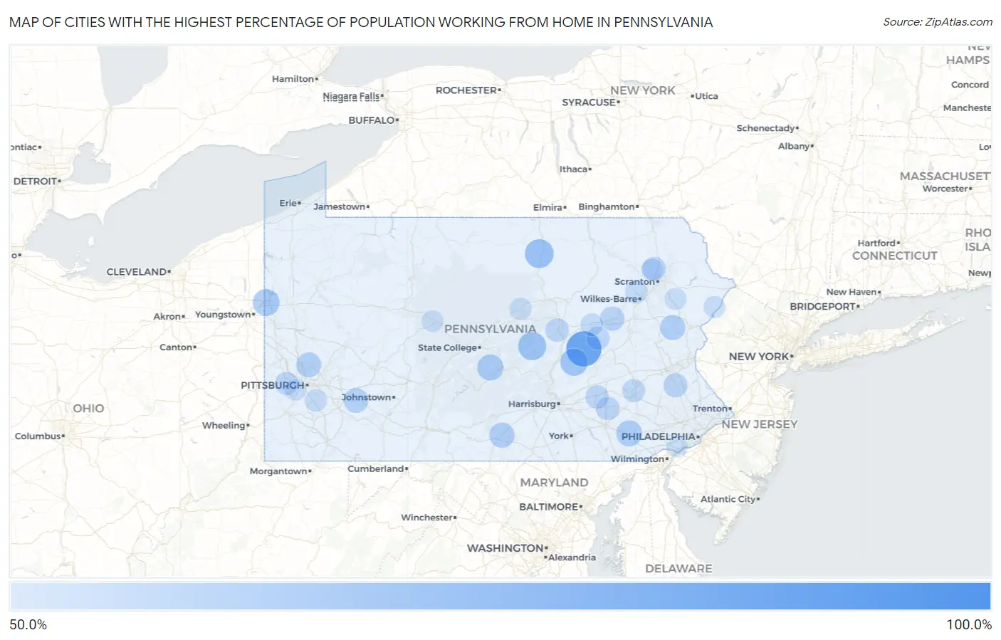 Cities with the Highest Percentage of Population Working from Home in Pennsylvania Map
