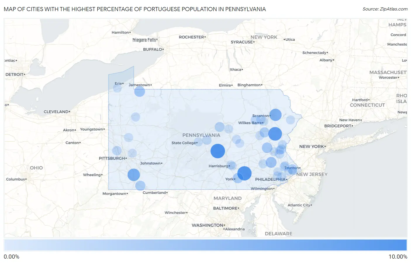 Cities with the Highest Percentage of Portuguese Population in Pennsylvania Map