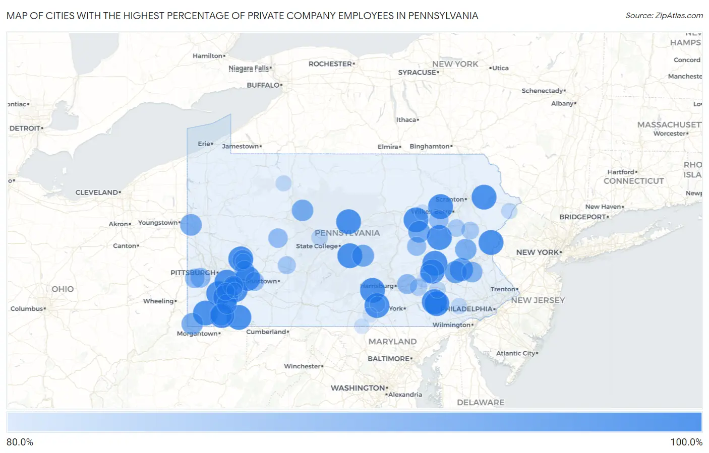 Cities with the Highest Percentage of Private Company Employees in Pennsylvania Map