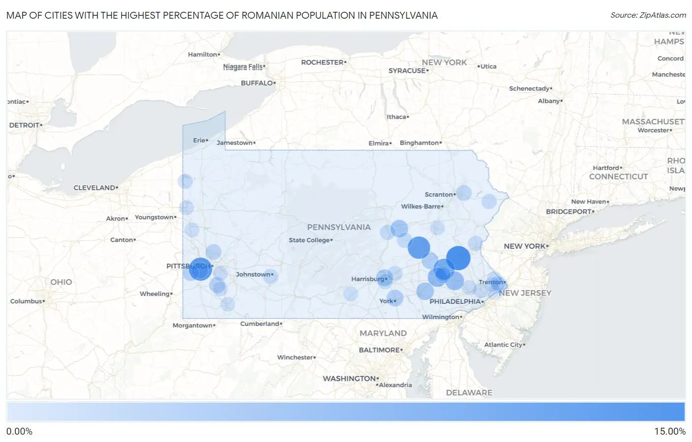 Cities with the Highest Percentage of Romanian Population in Pennsylvania Map