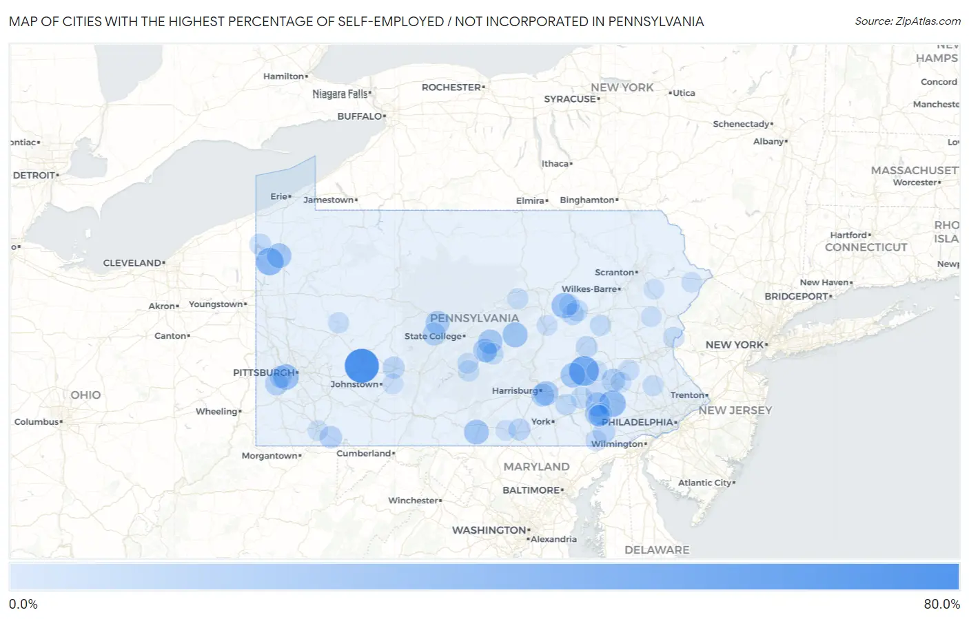 Cities with the Highest Percentage of Self-Employed / Not Incorporated in Pennsylvania Map
