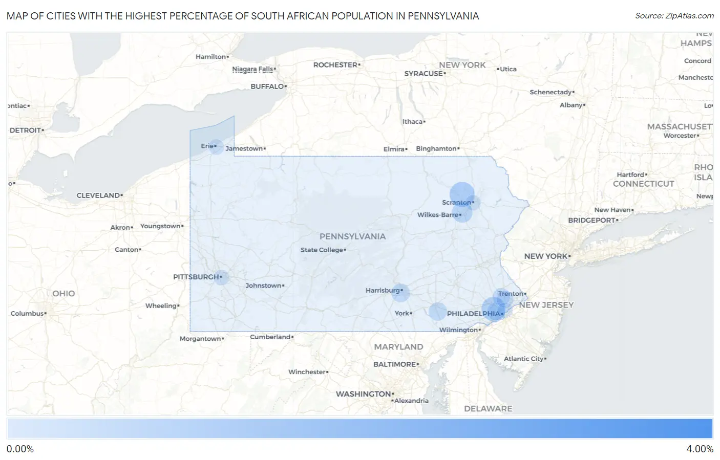 Cities with the Highest Percentage of South African Population in Pennsylvania Map