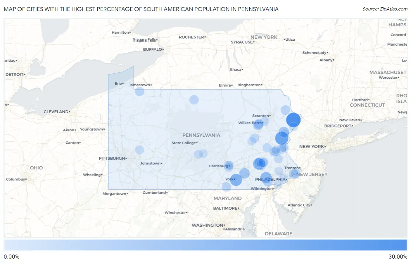 Cities with the Highest Percentage of South American Population in Pennsylvania Map