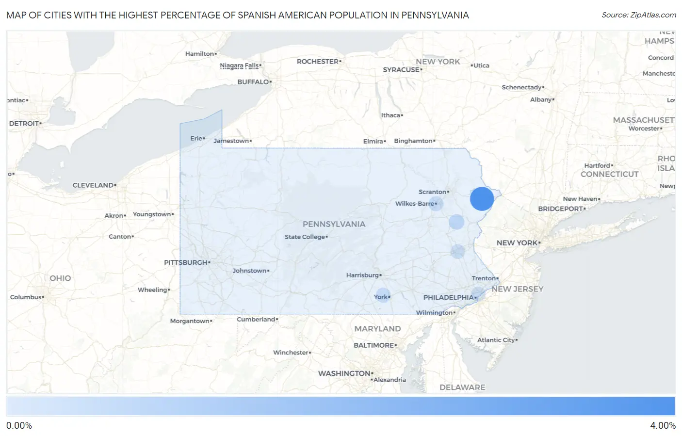 Cities with the Highest Percentage of Spanish American Population in Pennsylvania Map