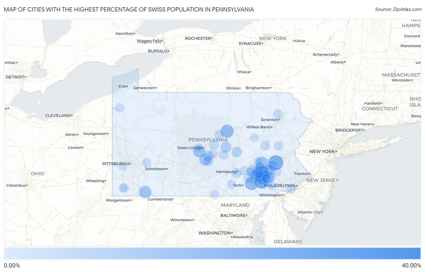 Cities with the Highest Percentage of Swiss Population in Pennsylvania Map