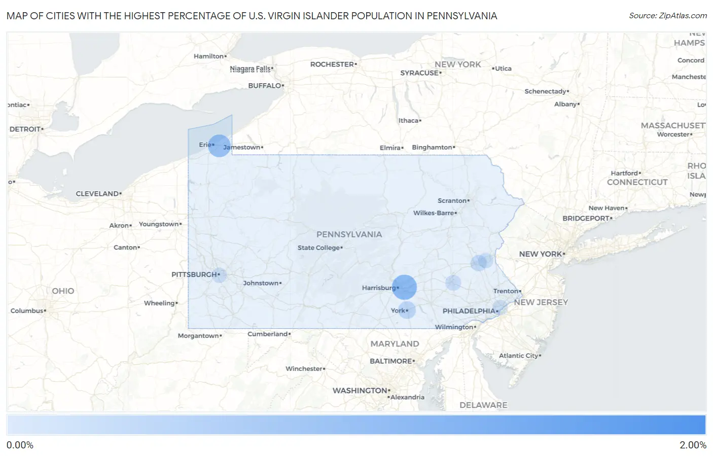 Cities with the Highest Percentage of U.S. Virgin Islander Population in Pennsylvania Map