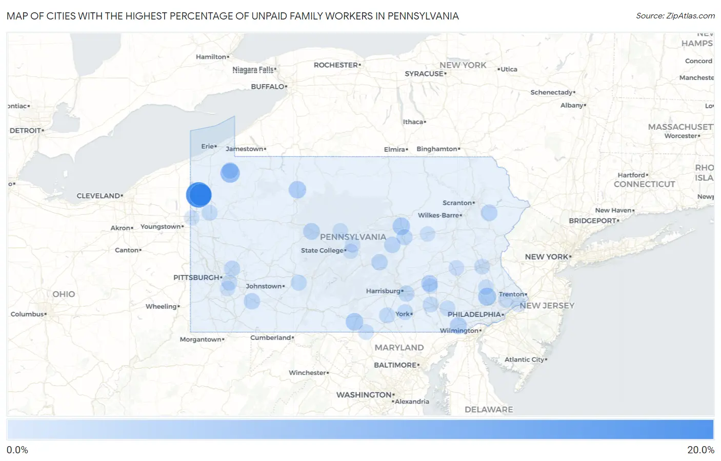Cities with the Highest Percentage of Unpaid Family Workers in Pennsylvania Map