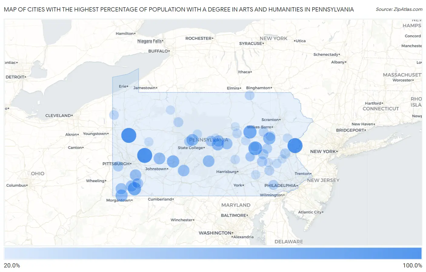 Cities with the Highest Percentage of Population with a Degree in Arts and Humanities in Pennsylvania Map