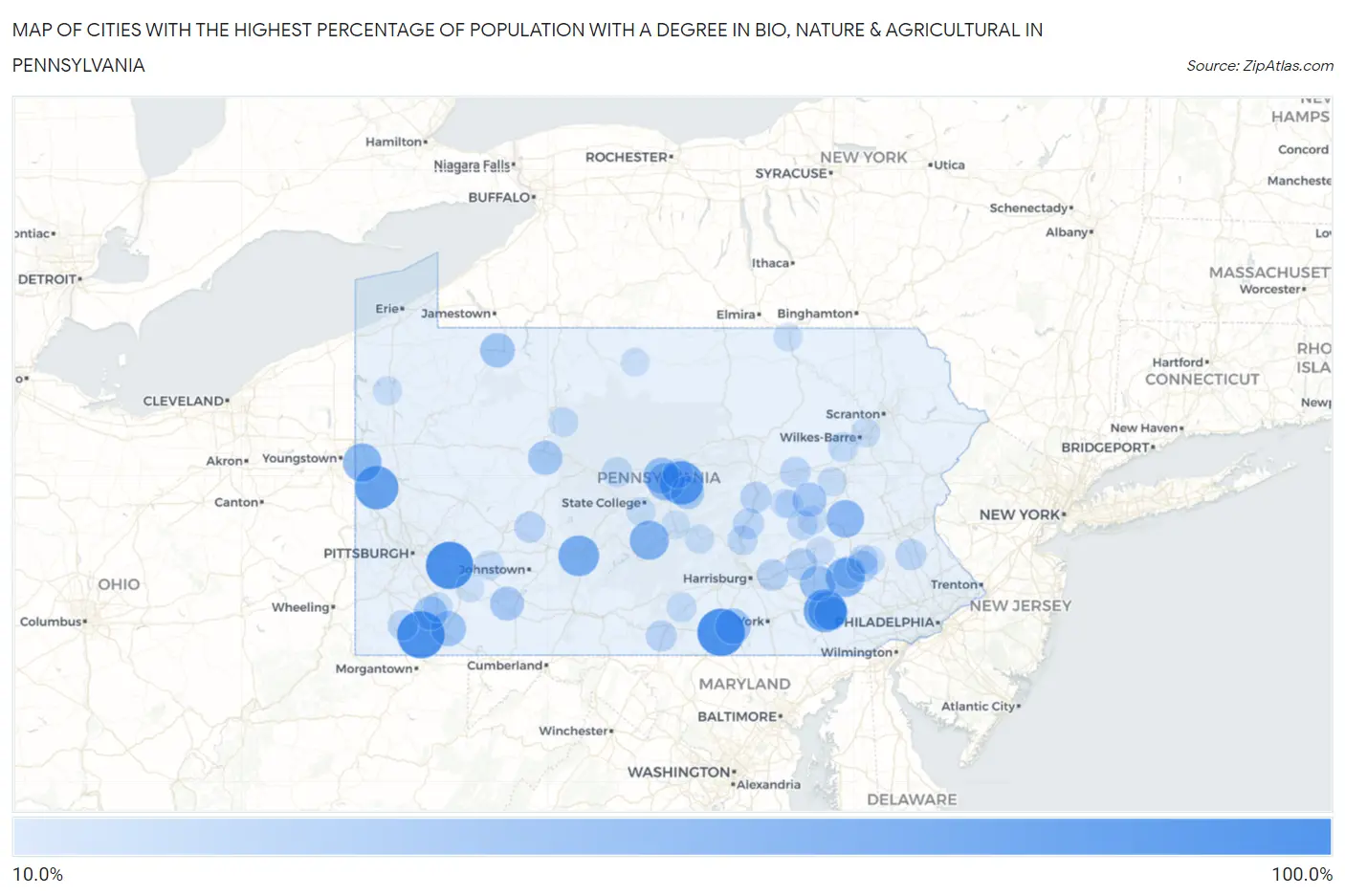 Cities with the Highest Percentage of Population with a Degree in Bio, Nature & Agricultural in Pennsylvania Map