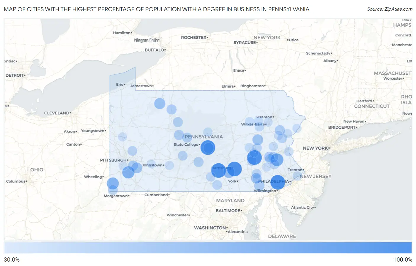 Cities with the Highest Percentage of Population with a Degree in Business in Pennsylvania Map