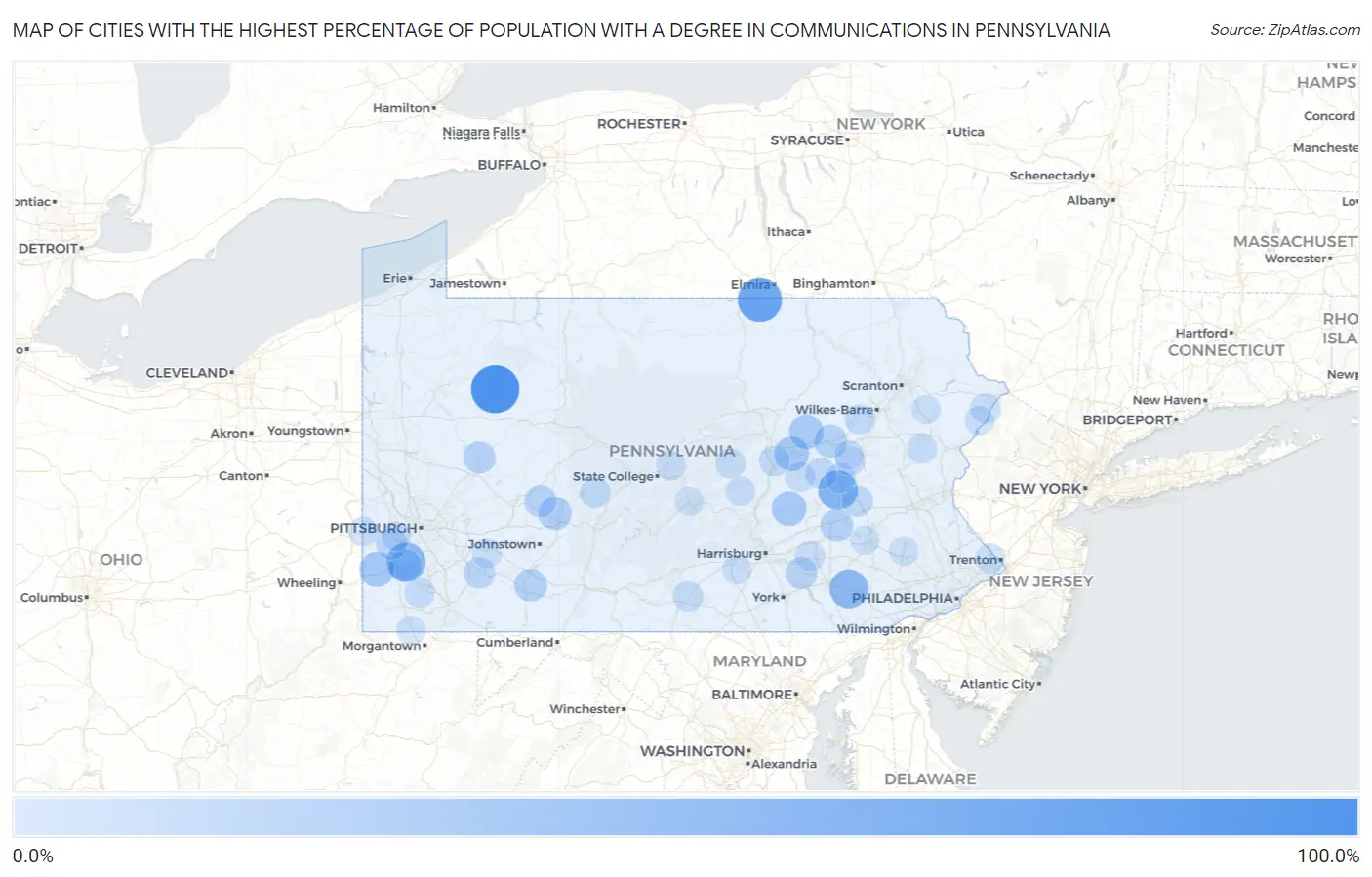 Cities with the Highest Percentage of Population with a Degree in Communications in Pennsylvania Map