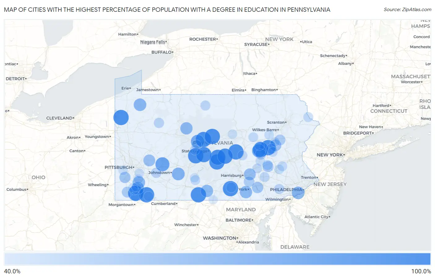 Cities with the Highest Percentage of Population with a Degree in Education in Pennsylvania Map