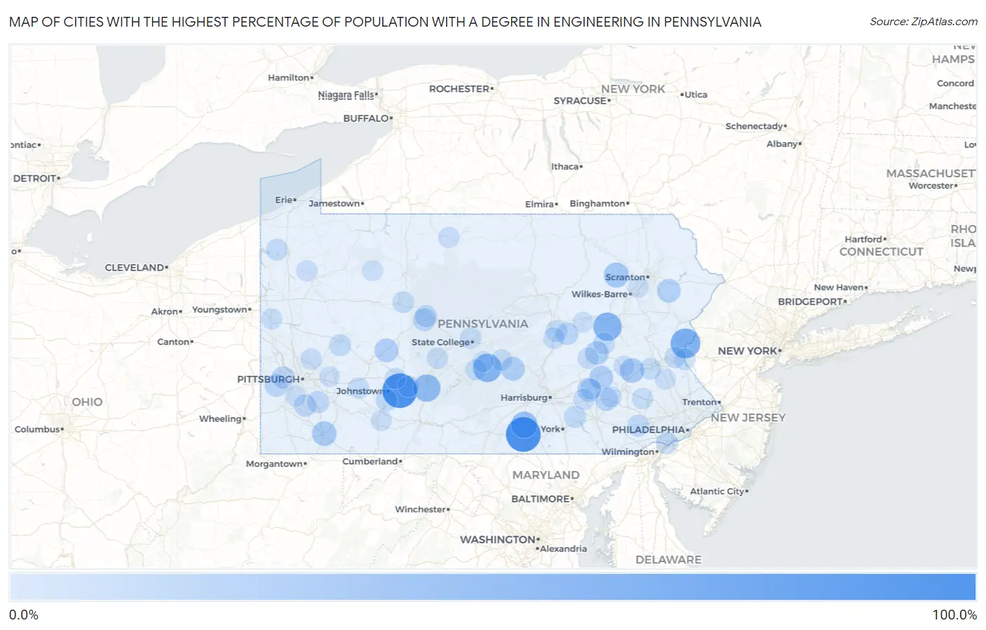 Cities with the Highest Percentage of Population with a Degree in Engineering in Pennsylvania Map