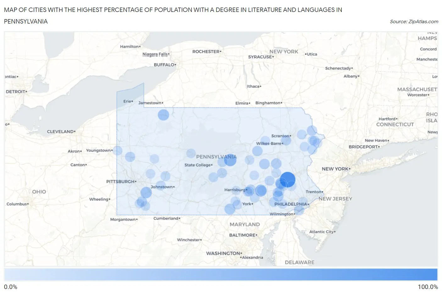 Cities with the Highest Percentage of Population with a Degree in Literature and Languages in Pennsylvania Map