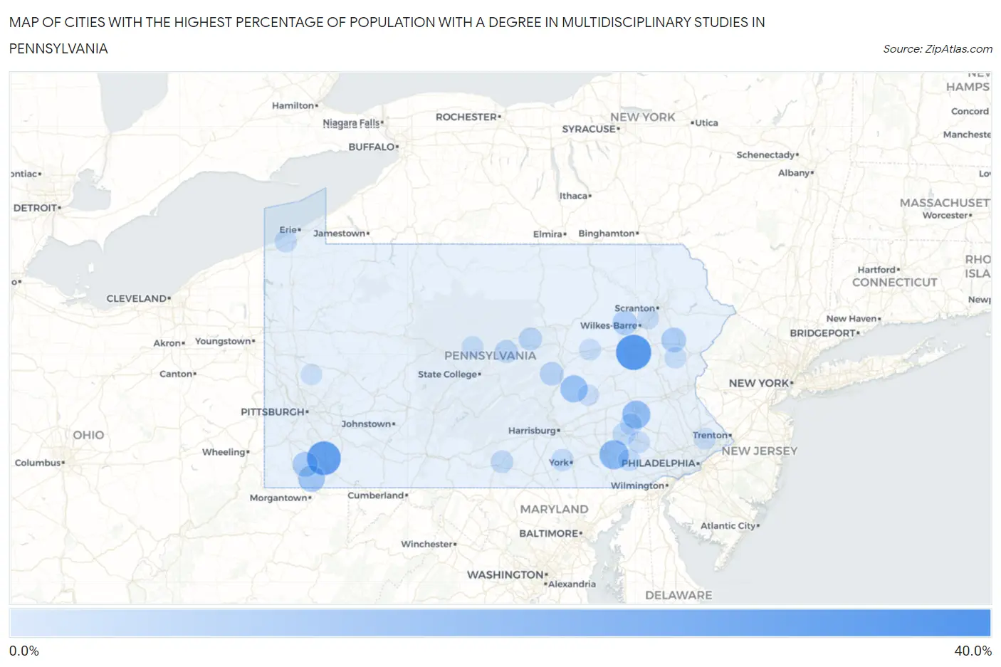Cities with the Highest Percentage of Population with a Degree in Multidisciplinary Studies in Pennsylvania Map