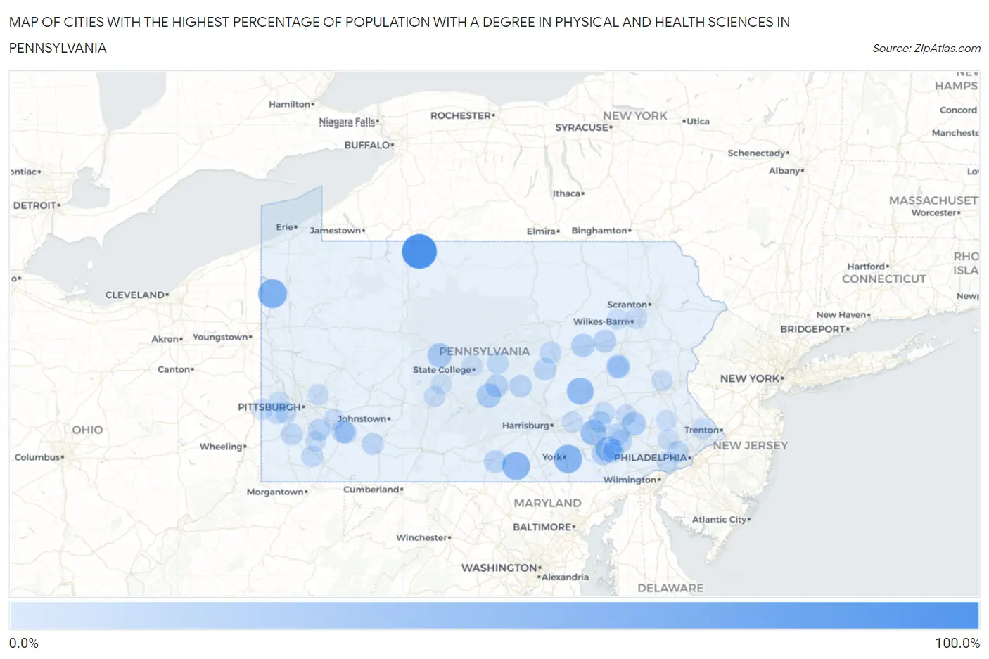 Cities with the Highest Percentage of Population with a Degree in Physical and Health Sciences in Pennsylvania Map