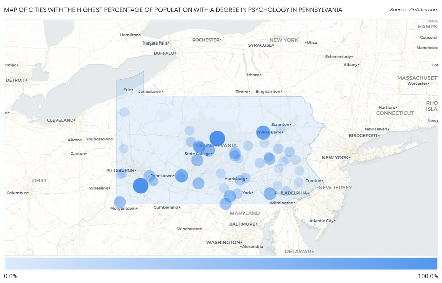 Cities with the Highest Percentage of Population with a Degree in Psychology in Pennsylvania Map
