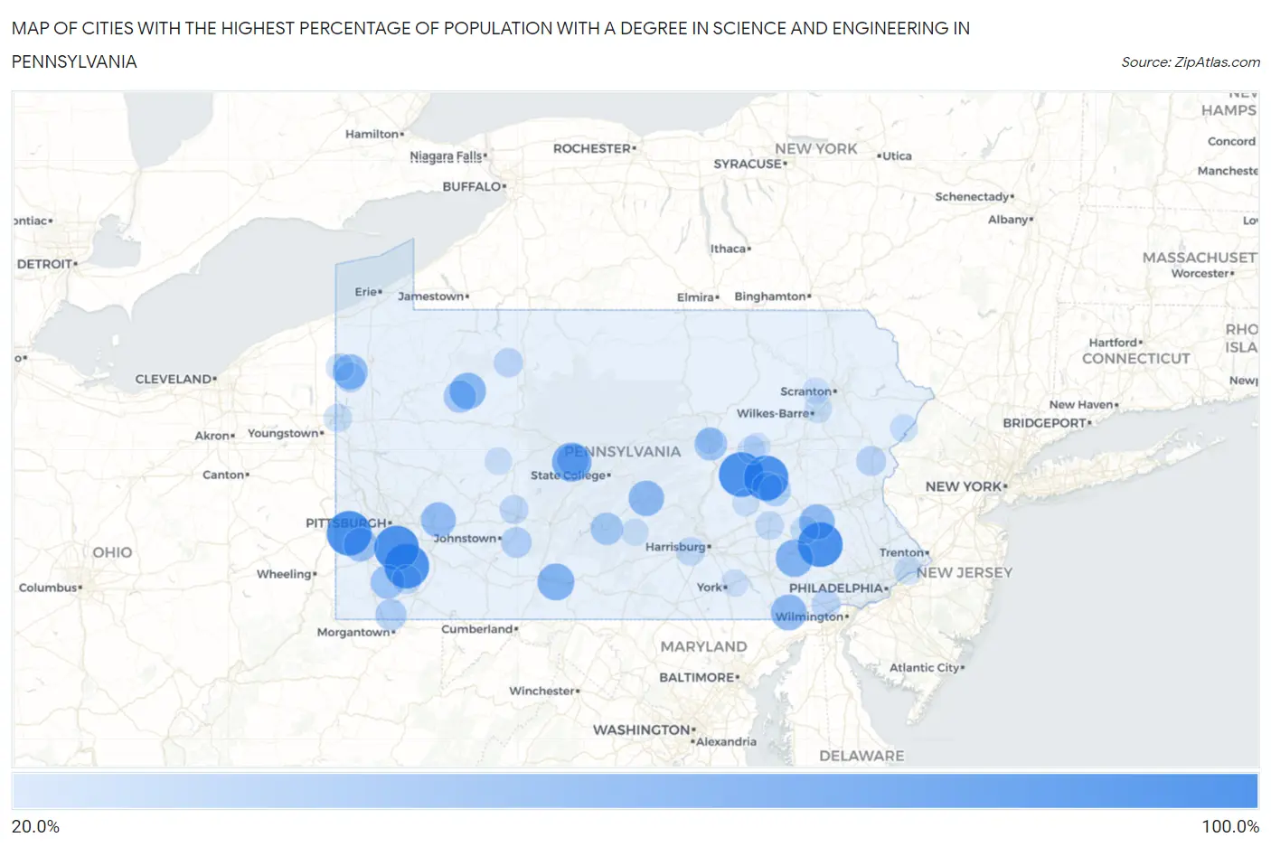 Cities with the Highest Percentage of Population with a Degree in Science and Engineering in Pennsylvania Map